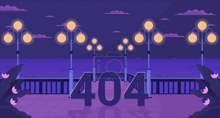 Illustration for Night waterfront streetlights error 404 flash message. City quay, lampposts. Website landing page ui design. Not found cartoon image, dreamy vibes. Vector flat illustration with 90s retro background - Royalty Free Image
