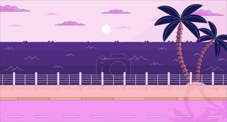 Ilustración de Atardecer paisaje marino junto a la carretera con palmeras lo fi estético fondo de pantalla. Crepúsculo junto al mar, palmeras 2D vector de dibujos animados ilustración del paisaje marino, fondo lofi púrpura. 90s retro álbum de arte, vibraciones de frío - Imagen libre de derechos