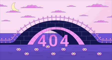 Illustration for Twilight bridge across river error 404 flash message. Dusk above water lilies. Website landing page ui design. Not found cartoon image, dreamy vibes. Vector flat illustration with 90s retro background - Royalty Free Image