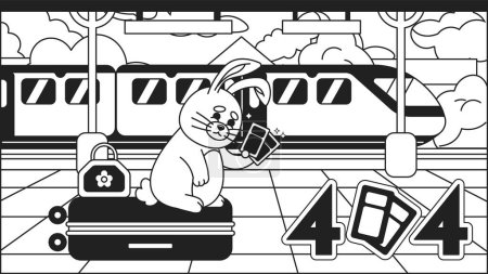Ilustración de Traveler conejo en la estación negro blanco mensaje de error 404 flash. Turista de conejito de equipaje. Sitio web monocromo landing page ui design. No se encontraron dibujos animados, vibraciones kawaii. Ilustración de contorno plano vectorial - Imagen libre de derechos