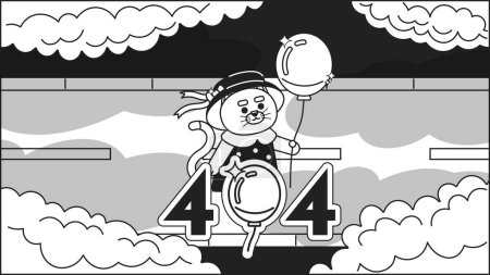 Illustration for Kawaii cat with balloon watching clouds black white error 404 flash message. Sky gaze. Monochrome website landing page ui design. Not found cartoon, kawaii vibes. Vector flat outline illustration - Royalty Free Image