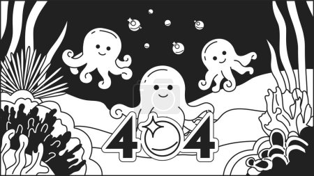Illustration for Octopuses underwater bubbles black white error 404 flash message. Chibi sea creatures. Monochrome website landing page ui design. Not found cartoon, kawaii vibes. Vector flat outline illustration - Royalty Free Image
