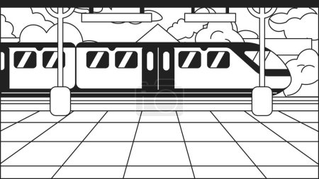 Plataforma estación de tren bw lindo kawaii lo fi fondo. Transporte público. Tránsito rápido monocromático 2D vector de dibujos animados ilustración del paisaje urbano, lofi escritorio de papel pintado estético. Paisaje lineal de anime