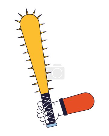 Illustration for Holding baseball bat with nails flat line concept vector spot illustration. Dangerous weapon 2D cartoon outline hand on white for web UI design. Fight editable isolated color hero image - Royalty Free Image