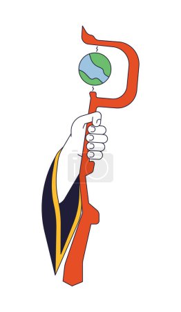 Illustration for Holding wizard staff flat line concept vector spot illustration. Wooden stic for magic tricks. Witchcrafting 2D cartoon outline hand on white for web UI design. Editable isolated color hero image - Royalty Free Image