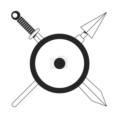 Illustration for Crossed medieval weapon behind shield flat monochrome isolated vector object. Sword and spear. Editable black and white line art drawing. Simple outline spot illustration for web graphic design - Royalty Free Image