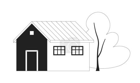 Ilustración de Linda casa monocromo vector plano objeto. Edificio urbano con árbol decorativo. Editable icono de línea delgada en blanco y negro. Ilustración simple del punto del clip de la historieta para el diseño gráfico web - Imagen libre de derechos