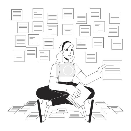 Illustration for Woman taking notes bw concept vector spot illustration. Remember everything. Worker 2D cartoon flat line monochromatic character for web UI design. Productivity editable isolated outline hero image - Royalty Free Image