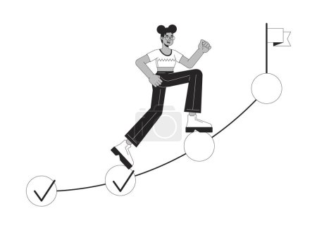 Illustration for Woman going up on milestones bw concept vector spot illustration. Achieving goals 2D cartoon flat line monochromatic character for web UI design. Productivity editable isolated outline hero image - Royalty Free Image
