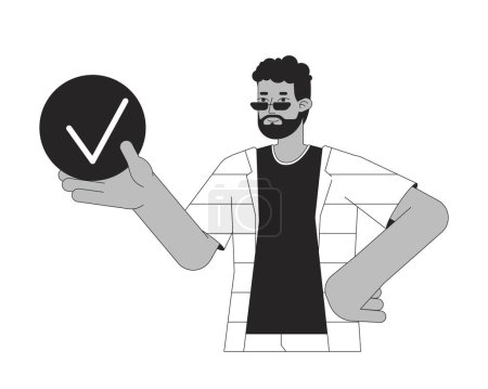 Illustration for Man holding bullet point with tick bw concept vector spot illustration. Completed task 2D cartoon flat line monochromatic character for web UI design. Productivity editable isolated outline hero image - Royalty Free Image