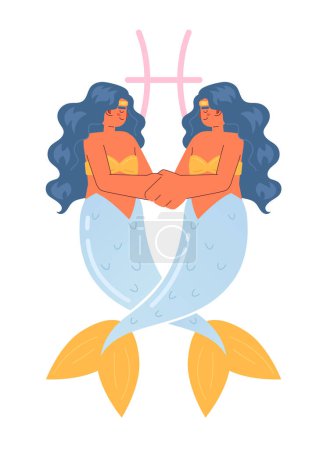 Illustration for Pisces zodiac sign flat concept vector spot illustration. Mermaid tails entwining. Hugging. 2D cartoon characters on white for web UI design. Astrology isolated editable creative hero image - Royalty Free Image