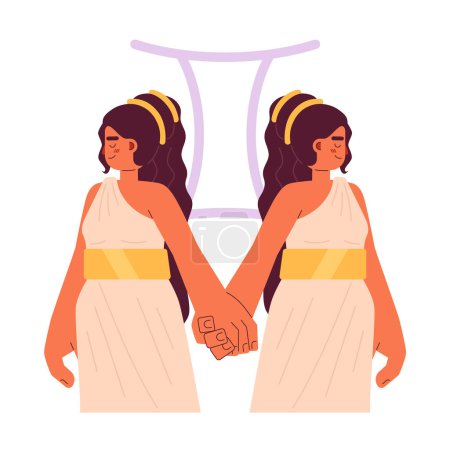 Illustration for Gemini zodiac sign flat concept vector spot illustration. Women twins holding hands 2D cartoon character on white for web UI design. Astrology isolated editable creative hero image - Royalty Free Image
