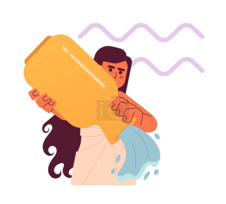 Illustration for Aquarius zodiac sign flat concept vector spot illustration. Girl holding amphora and pours water 2D cartoon character on white for web UI design. Astrology isolated editable creative hero image - Royalty Free Image