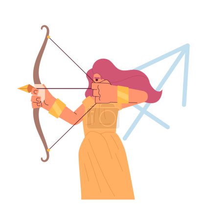 Illustration for Sagittarius zodiac sign flat concept vector spot illustration. Woman holding bow and pulling arrow 2D cartoon character on white for web UI design. Astrology isolated editable creative hero image - Royalty Free Image