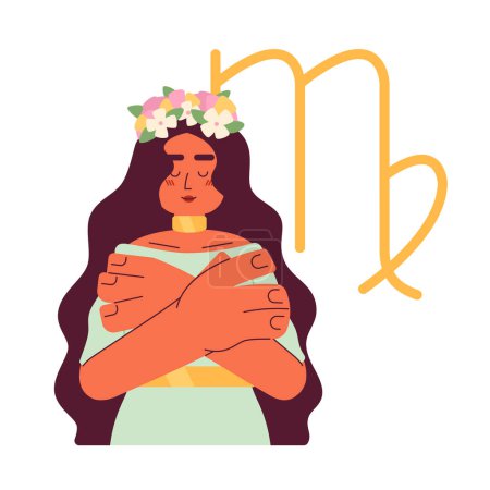 Illustration for Virgo zodiac sign flat concept vector spot illustration. Attractive woman in wreath hugging shoulders 2D cartoon character on white for web UI design. Astrology isolated editable creative hero image - Royalty Free Image