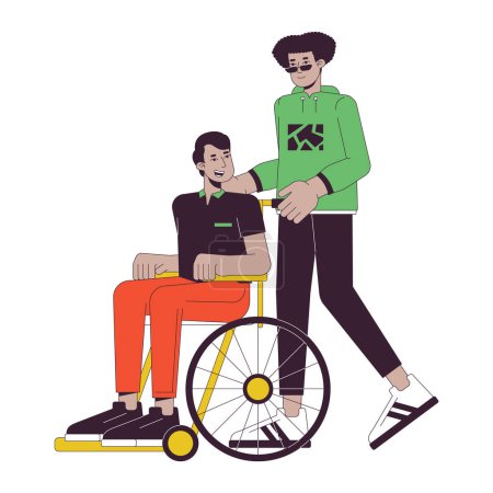 Illustration for Caring of disabled person flat line concept vector spot illustration. Man helping. Taking care. 2D cartoon outline characters on white for web UI design. Editable isolated color hero image - Royalty Free Image