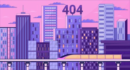 Illustration for Bullet train night skyscrapers error 404 flash message. Twilight railway. Website landing page ui design. Not found cartoon image, dreamy vibes. Vector flat illustration with 90s retro background - Royalty Free Image