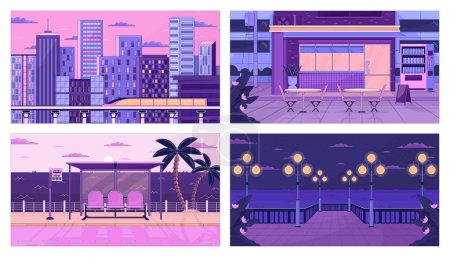 Illustration for Dusk city life lo fi aesthetic wallpapers set. Urban storefront, bus stop, waterfront 2D vector cartoon cityscape illustrations collection, purple lofi background. 90s retro album art, chill vibes - Royalty Free Image