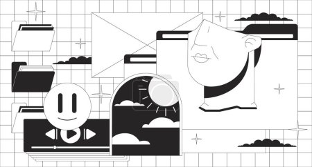 Ilustración de Y2k interfaz de ordenador blanco y negro lo fi estético fondo de pantalla. 1990 carpetas archivos, sonrisa derretida, surrealista arco contorno 2D vector de dibujos animados composición ilustración, fondo lofi monocromo - Imagen libre de derechos