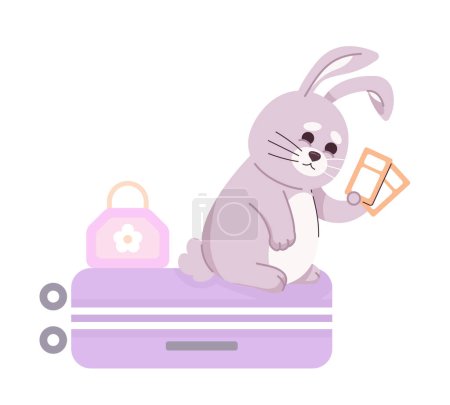 Ilustración de Lindo conejo viajero sentado en el equipaje semi plana personaje vector de color. Conejo turístico con entradas. Personaje editable de cuerpo completo en blanco. Ilustración simple de dibujos animados para el diseño gráfico web - Imagen libre de derechos