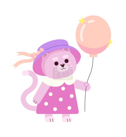 Ilustración de Gatita chica sosteniendo globo semi plana color vector carácter. Gato infantil de pie con un lindo vestido. Personaje editable de cuerpo completo en blanco. Ilustración simple de dibujos animados para el diseño gráfico web - Imagen libre de derechos