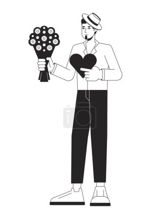 Lover flat line black white vector character. Romantic man holding bouquet and sweets. Editable outline full body person. Simple cartoon isolated spot illustration for web graphic design
