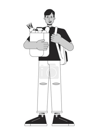 Illustration for Indian man with purchases flat line black white vector character. Male holding backpack. Shopping. Editable outline full body person. Simple cartoon isolated spot illustration for web graphic design - Royalty Free Image