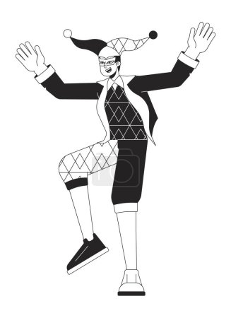 Illustration for Joker in medieval costume flat line black white vector character. Funny man dancing. Entertainment. Editable outline full body person. Simple cartoon isolated spot illustration for web graphic design - Royalty Free Image