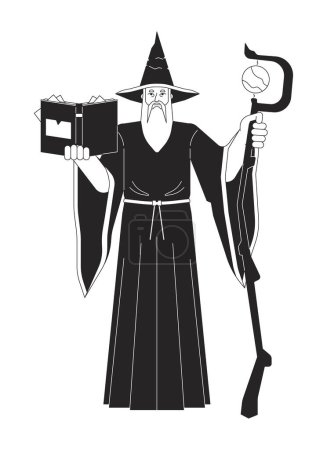 Illustration for Mysterious wizard flat line black white vector character. Old man reading book. Wooden wizard staff. Editable outline full body person. Simple cartoon isolated spot illustration for web graphic design - Royalty Free Image