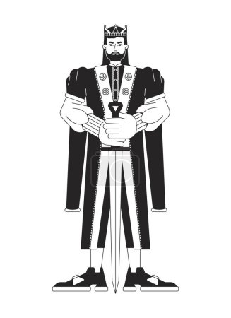 Illustration for Young king with sword flat line black white vector character. Monarch in golden crown. Powerful man. Editable outline full body person. Simple cartoon isolated spot illustration for web graphic design - Royalty Free Image