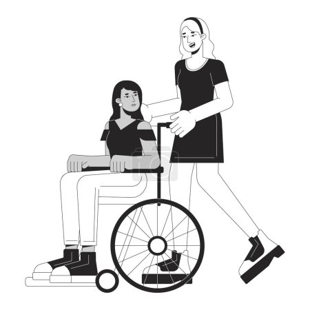 Illustration for Taking care bw concept vector spot illustration. Woman helping person on wheelchair 2D cartoon flat line monochromatic characters on white for web UI design. Editable isolated outline hero image - Royalty Free Image