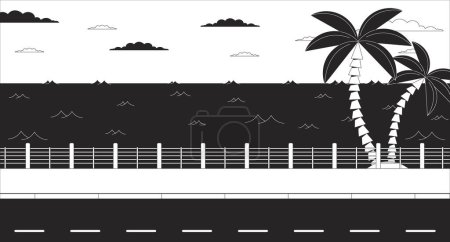 Illustration for Dusk roadside seascape with palm trees black and white lo fi aesthetic wallpaper. Twilight seaside, palmtrees outline 2D vector cartoon seascape illustration, monochrome lofi background, chill vibes - Royalty Free Image