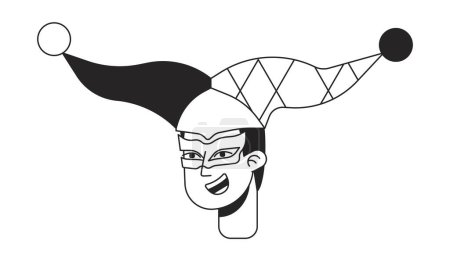 Ilustración de Feliz deportista sonriente monocromo plana cabeza de carácter lineal. Sombrero de carnaval con bolas. Esquema editable dibujado a mano icono de la cara humana. Dibujos animados 2D vector spot avatar ilustración para la animación - Imagen libre de derechos