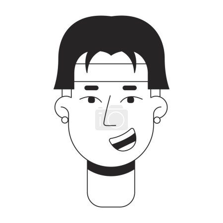 Illustration for Excited asian man smiling monochrome flat linear character head. Editable outline hand drawn human face icon. Cheerful boy 2D cartoon spot vector avatar illustration for animation - Royalty Free Image