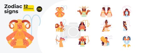 Ilustración de Signos del zodíaco concepto plano vector spot ilustraciones paquete. Mujer horóscopo símbolos 2D personajes de dibujos animados en blanco para el diseño de interfaz de usuario web. Astrología aislada colección de imágenes de héroe creativo editable - Imagen libre de derechos
