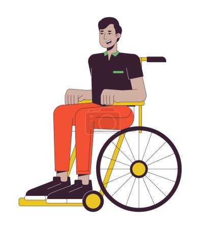 Téléchargez les illustrations : Homme indien en fauteuil roulant ligne plate couleur vecteur caractère. Personne handicapée. Jeune homme. Plan modifiable personne du corps entier sur blanc. Illustration simple de spot de dessin animé pour la conception graphique web - en licence libre de droit