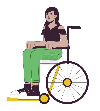 Illustration for Attractive girl in wheelchair flat line color vector character. Inclusivity. Community member. Editable outline full body person on white. Simple cartoon spot illustration for web graphic design - Royalty Free Image