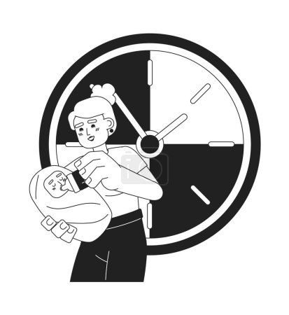 Illustration for Baby feeding in time monochrome concept vector spot illustration. Care. Mother gives bottle for newborn 2D flat bw cartoon characters for web UI design. Isolated editable hand drawn hero image - Royalty Free Image