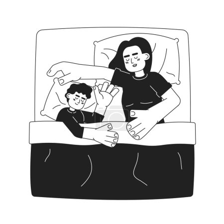 Illustration for Taking a nap with baby monochrome concept vector spot illustration. Sleeping in one bed. Mother, child 2D flat bw cartoon characters for web UI design. Isolated editable hand drawn hero image - Royalty Free Image