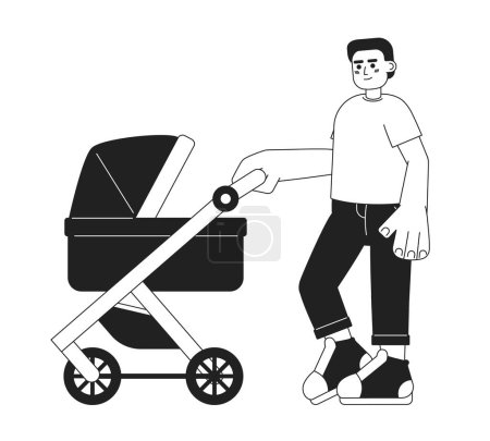 Ilustración de Caminar con el bebé dentro del carro concepto monocromo vector punto ilustración. Padre empuja bebé cochecito 2D plana bw personaje de dibujos animados para el diseño de interfaz de usuario web. Imagen de héroe dibujada a mano editable aislada - Imagen libre de derechos