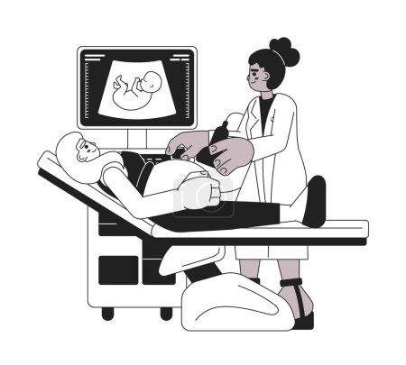Illustration for Ultrasound diagnostics monochrome concept vector spot illustration. Doctor examining pregnant woman 2D flat bw cartoon characters for web UI design. Parenting isolated editable hand drawn hero image - Royalty Free Image