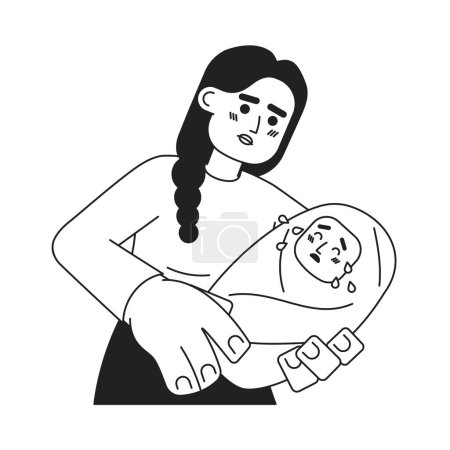 Ilustración de Retos de la maternidad concepto monocromo vector spot ilustración. Bebé llorando en las manos de la madre 2D plana bw personajes de dibujos animados para el diseño de interfaz de usuario web. Crianza aislado editable mano dibujado héroe imagen - Imagen libre de derechos