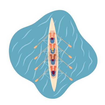 Illustration for Kayaking team sport flat concept vector spot illustration. Top view of four oarsmen on sea. Championship 2D cartoon characters on white for web UI design. Isolated editable creative hero image - Royalty Free Image