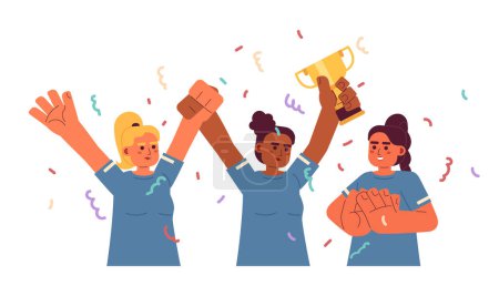 Illustration for Girls holding golden cup flat concept vector spot illustration. Celebrating. Female teammates on party. Winning 2D cartoon characters on white for web UI design. Isolated editable creative hero image - Royalty Free Image
