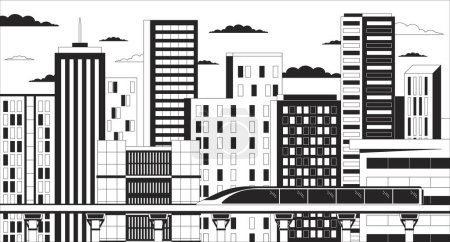 Illustration for Bullet train night skyscrapers black and white lo fi aesthetic wallpaper. Highrise buildings twilight, railway train outline 2D vector cartoon cityscape illustration, monochrome lofi background - Royalty Free Image