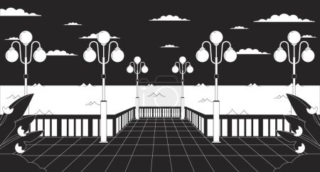 Illustration for Night waterfront with streetlights black and white lo fi aesthetic wallpaper. Nighttime city quay, glowing lampposts outline 2D vector cartoon cityscape illustration, monochrome lofi background - Royalty Free Image