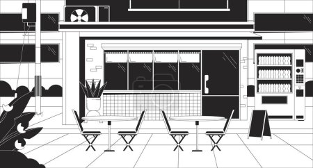 Illustration for Urban storefront at night black and white lo fi aesthetic wallpaper. Exterior store with tables, vending machine outline 2D vector cartoon cityscape illustration, monochrome lofi background - Royalty Free Image