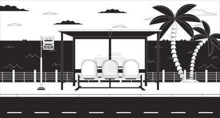 Illustration for Bus stop bench on twilight waterfront black and white lo fi aesthetic wallpaper. Waiting for bus, tropical city outline 2D vector cartoon landscape illustration, monochrome lofi background - Royalty Free Image