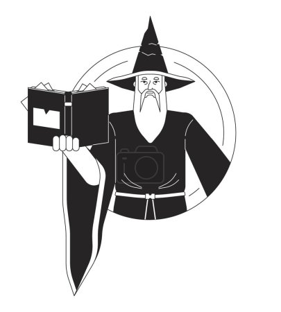 Illustration for Wizard flat line black white vector character. Magician performing magic by spell book. Editable outline half body person. Simple cartoon isolated spot illustration for web graphic design - Royalty Free Image