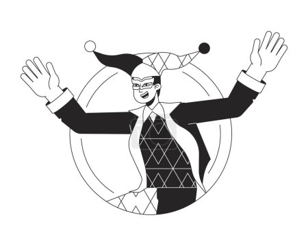 Ilustración de Joker feliz divertirse línea plana negro blanco vector de carácter. Hombre disfrazado. Sombrero con campanas. Esquema editable persona de medio cuerpo. Ilustración puntual aislada de dibujos animados simples para diseño gráfico web - Imagen libre de derechos